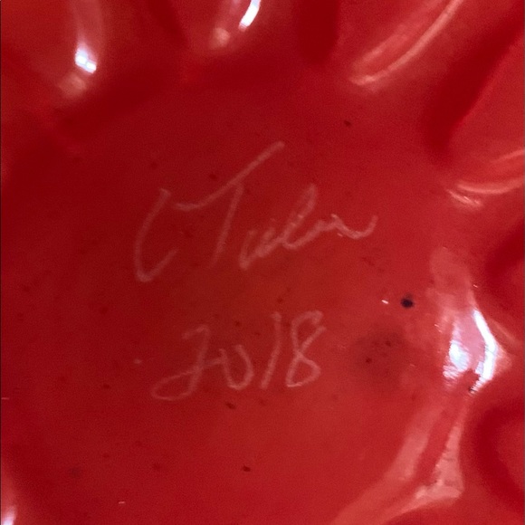 Signed Hand Blown Glass Pumpkin 2018 Opaque Orange Teal Stem Fall - Picture 5 of 8